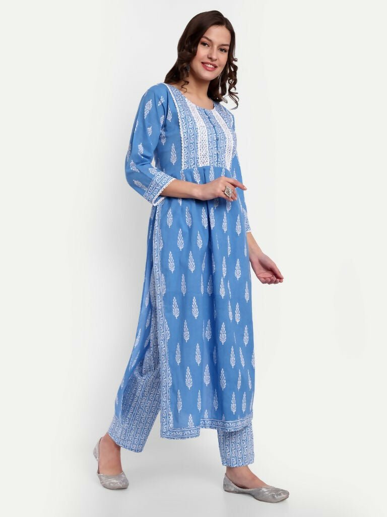 Alvano Printed Naira Cut Kurti with Pant set for Women and Girls Cotton (Blue) | Grocsy