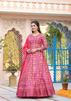 Functional Designer Dark Pink Dola Silk Anarkali suit with Dupatta - Ramya | Grocsy