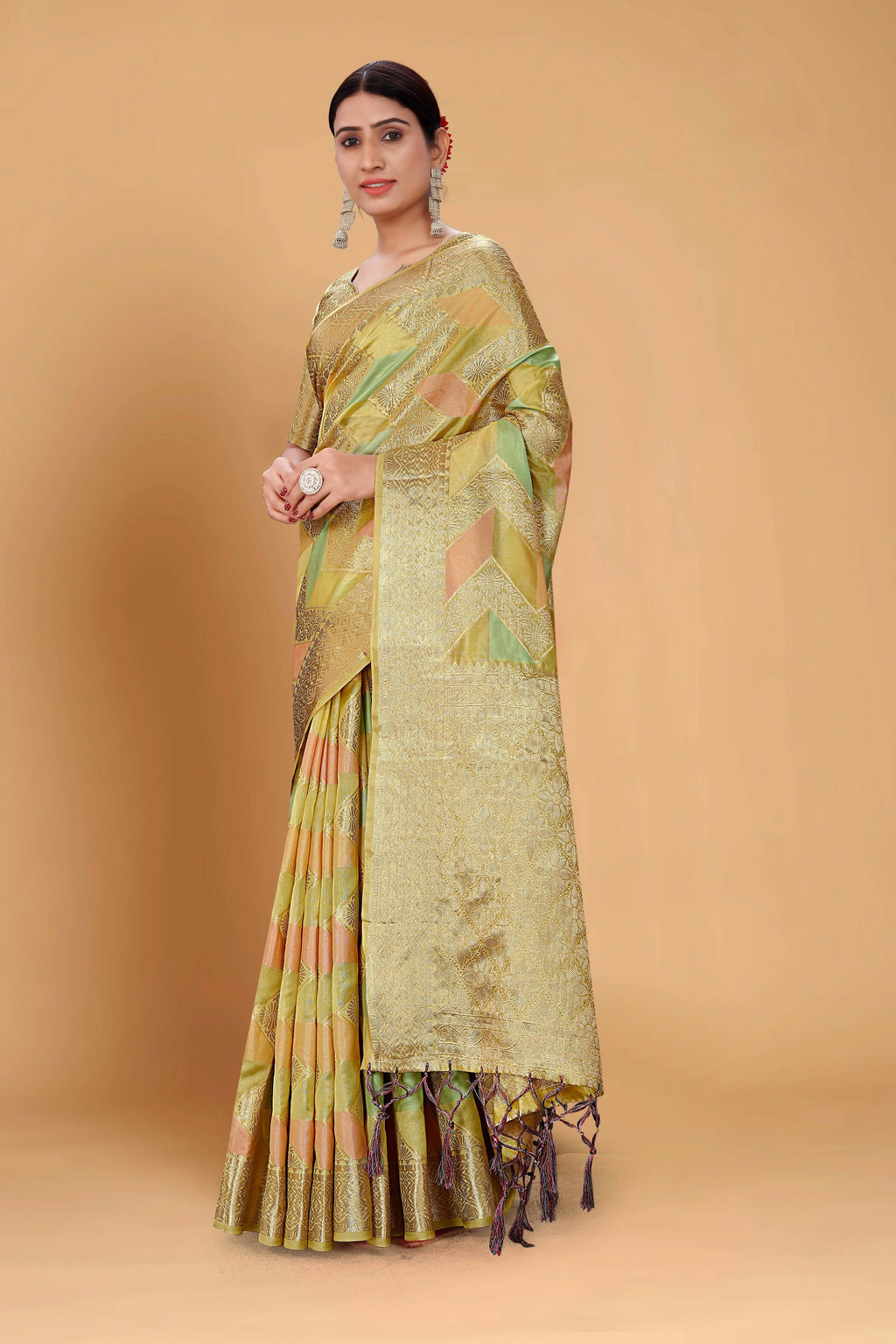 Pista Soft Organza Woven Design Saree With Unstitched Blouse Piece - Zaara | Grocsy