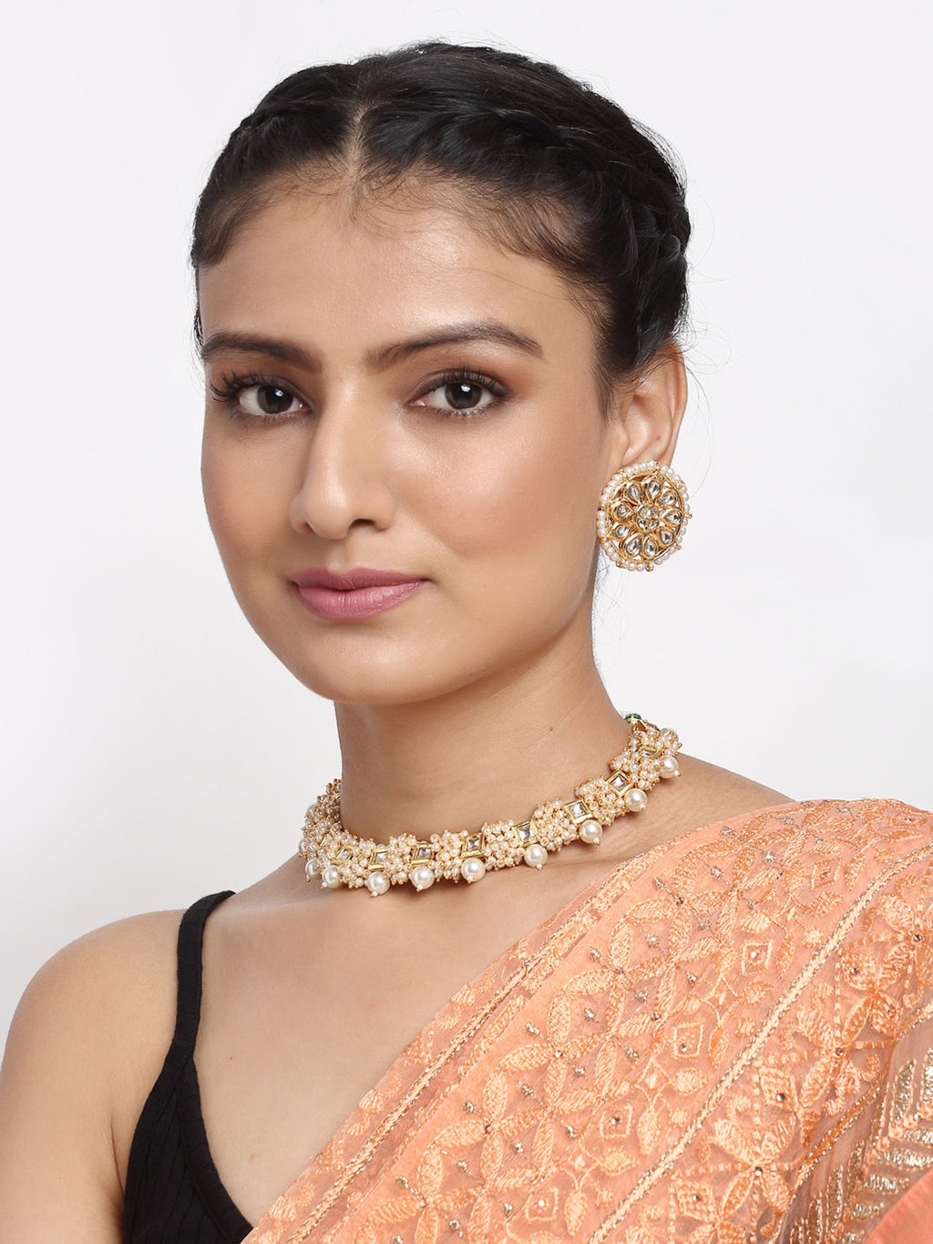 Pearl Kundan Choker With Studs - Ruby Raang | Grocsy