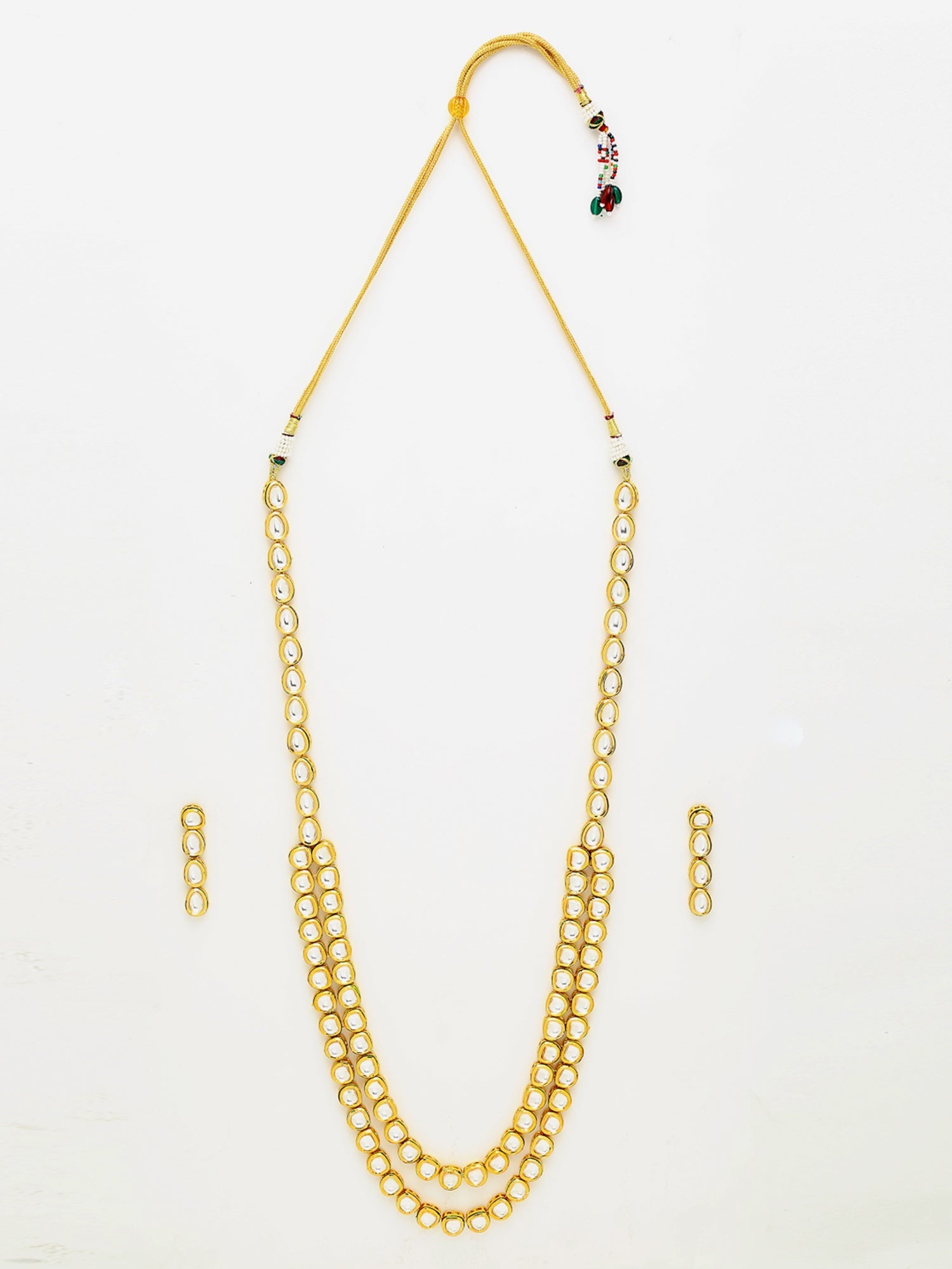 Gold-Polished Long Kundan Neckpiece With Earrings - Ruby Raang | Grocsy