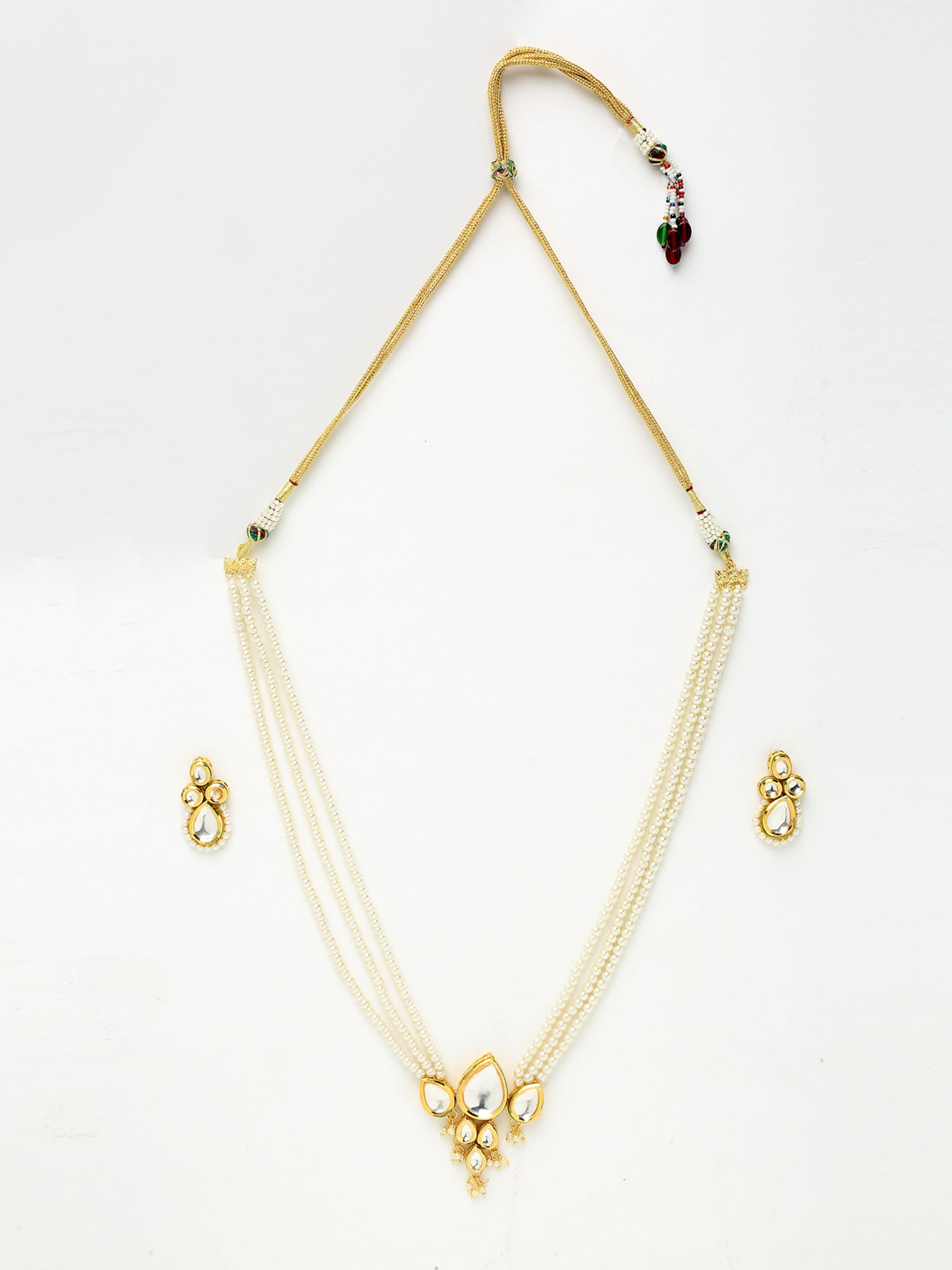 Long Kundan Neckpiece With Studs - Ruby Raang