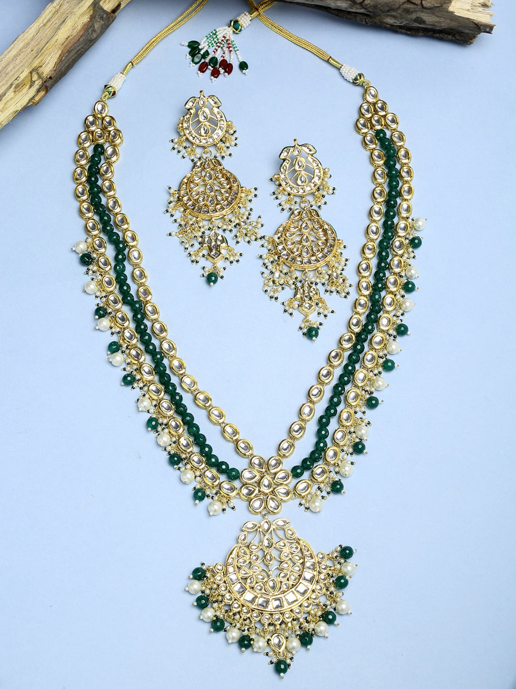 Long Kundan Neckpiece With Earrings - Ruby Raang | Grocsy