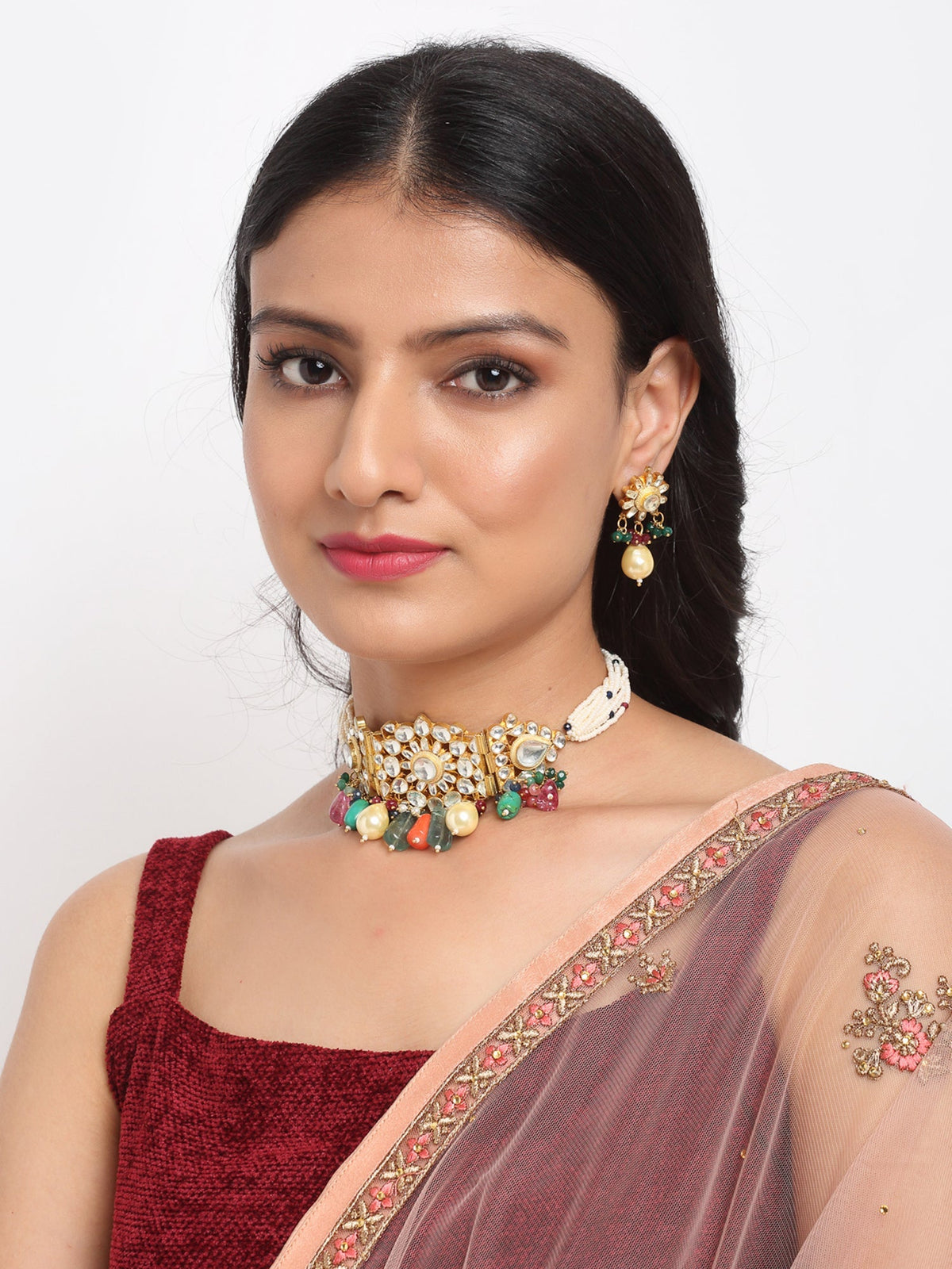 Kundan Maharani Choker With Earrings - Ruby Raang | Grocsy