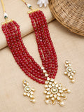 Gold-Polished Maroon Kundan Studded Beaded Jewellery Set - Ruby Raang