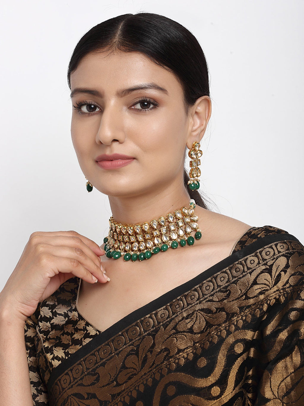 Stone Kundan Choker With Earrings - Ruby Raang | Grocsy