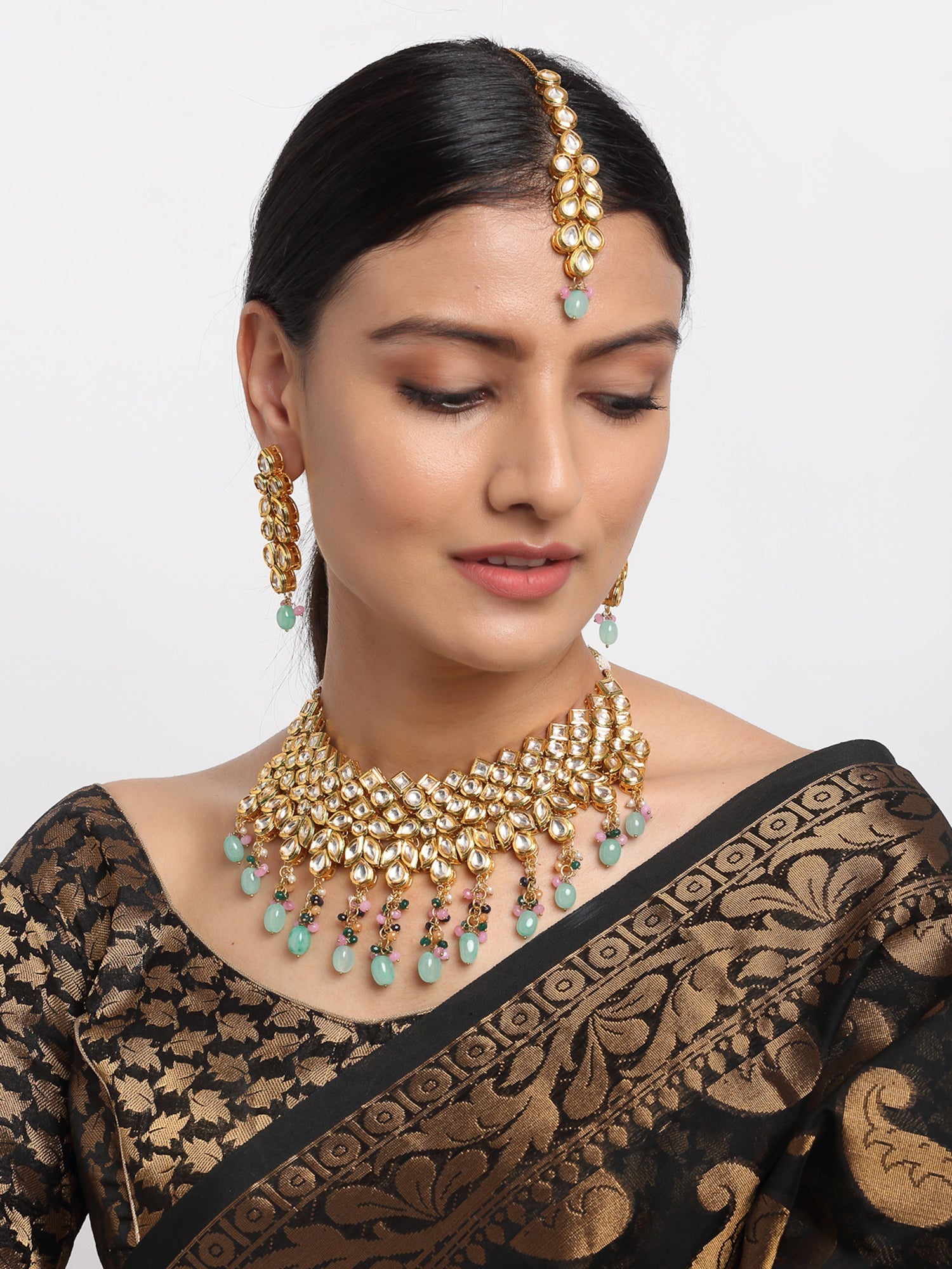 Kundan Neckpiece With Earrings And Maang Tikka - Ruby Raang