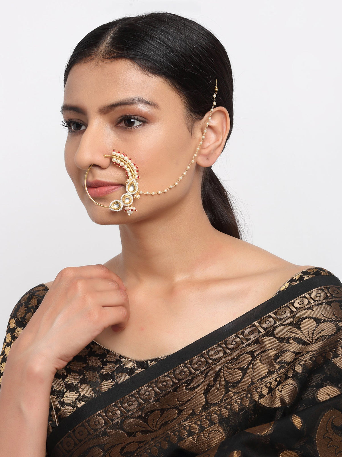 Maharani Kundan Nose Ring - Ruby Raang | Grocsy