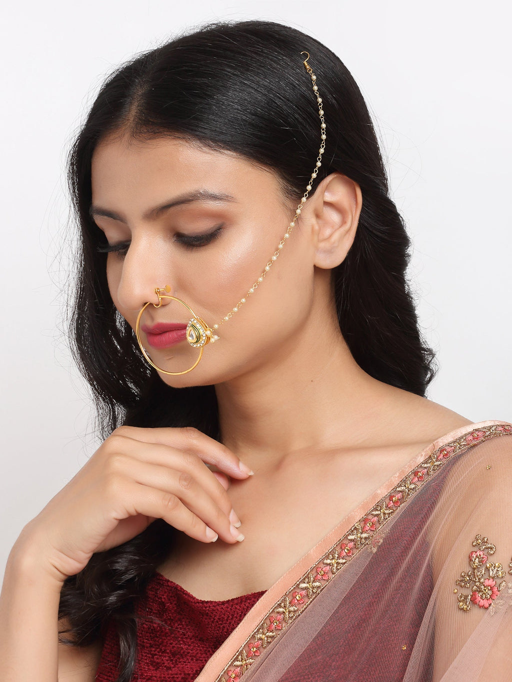 Maharani Kundan Nose Ring - Ruby Raang | Grocsy