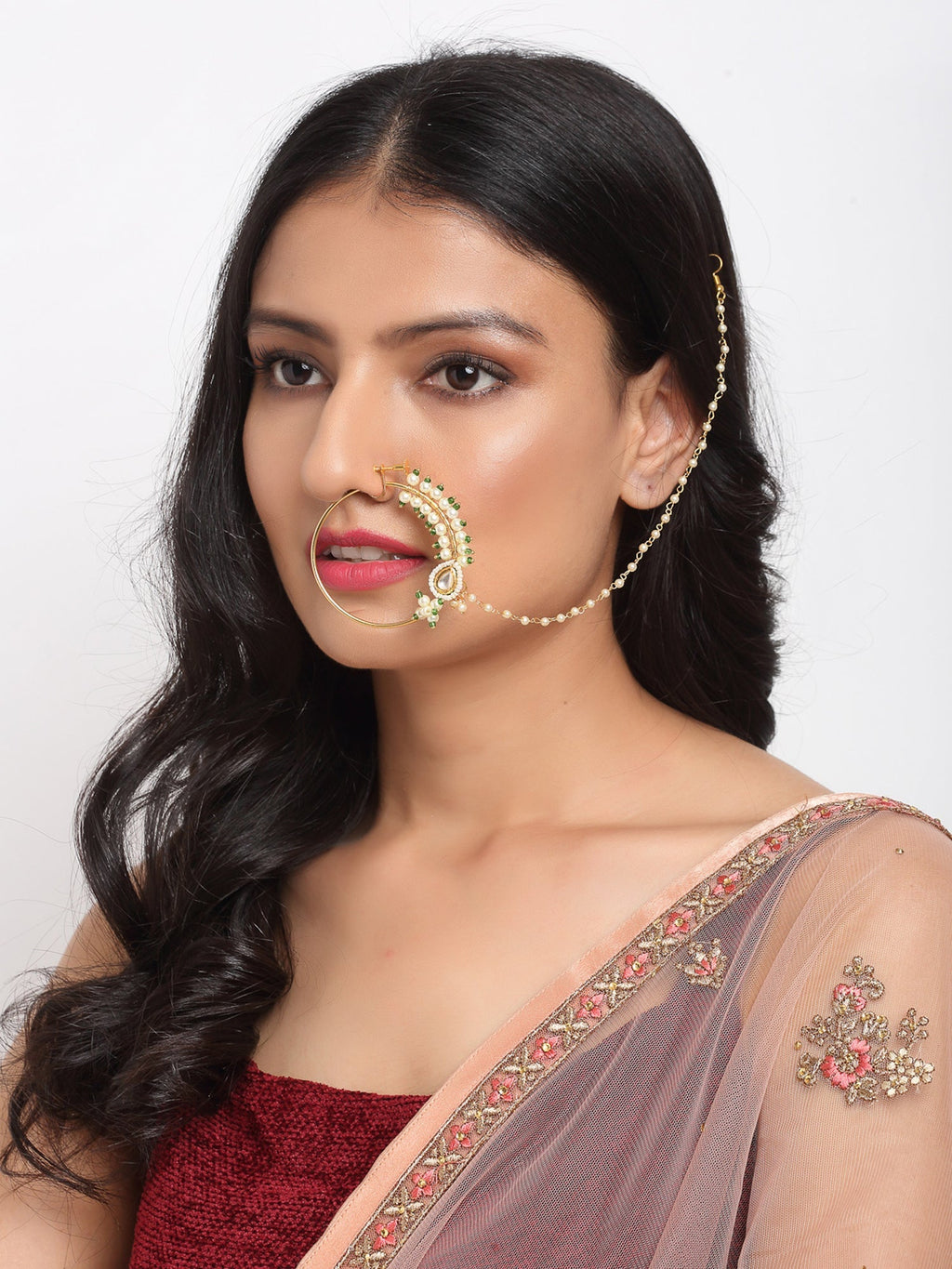 Maharani Kundan Nose Ring - Ruby Raang | Grocsy