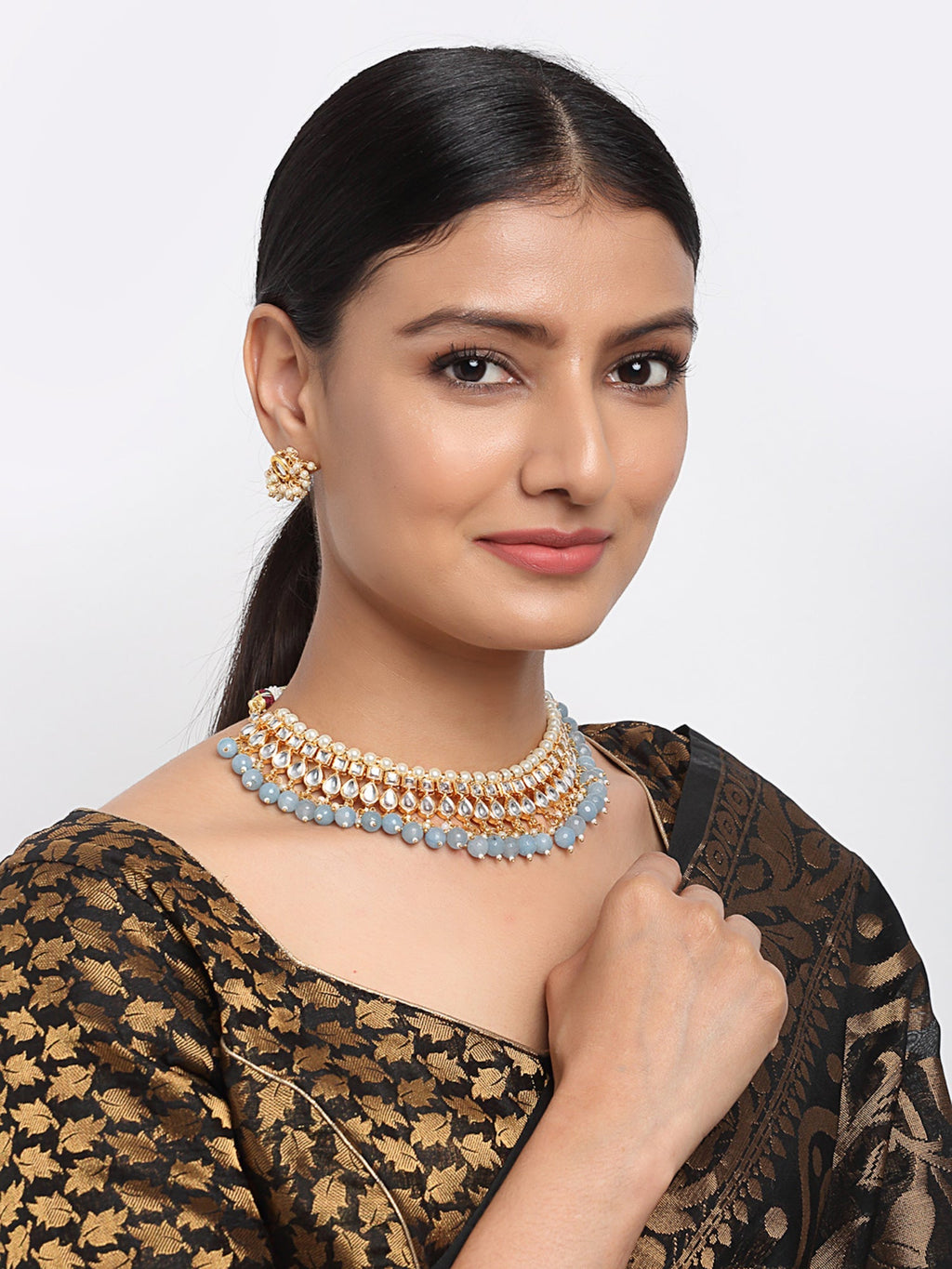 Stone Kundan Choker With Studs - Ruby Raang | Grocsy