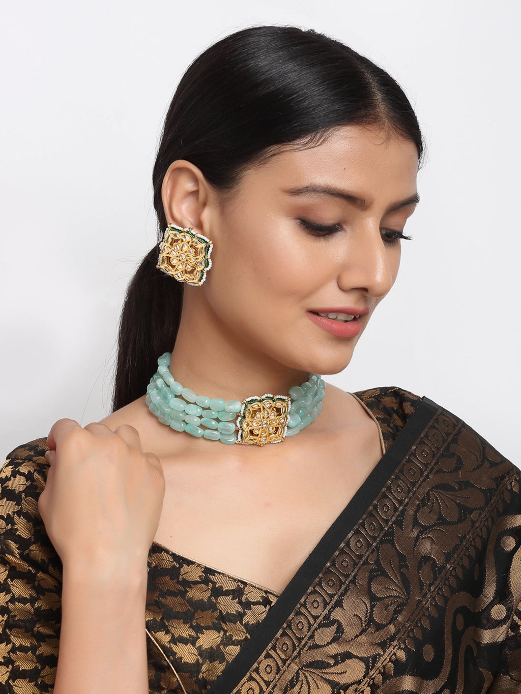 Stone Kundan Choker With Studs - Ruby Raang | Grocsy