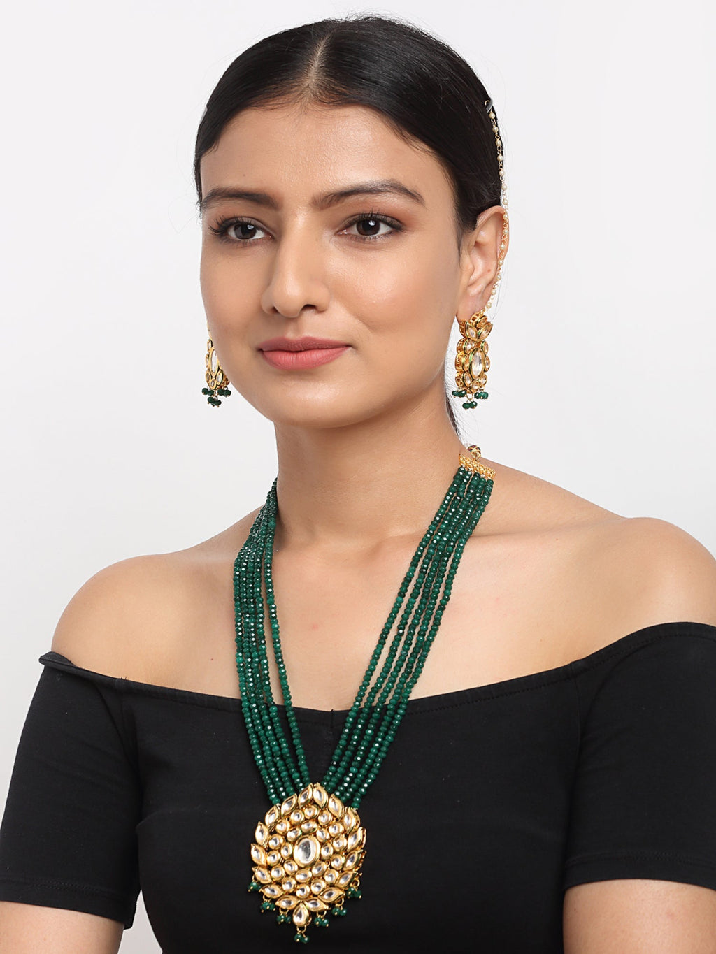 Long Kundan Neckpiece With Earrings - Ruby Raang | Grocsy
