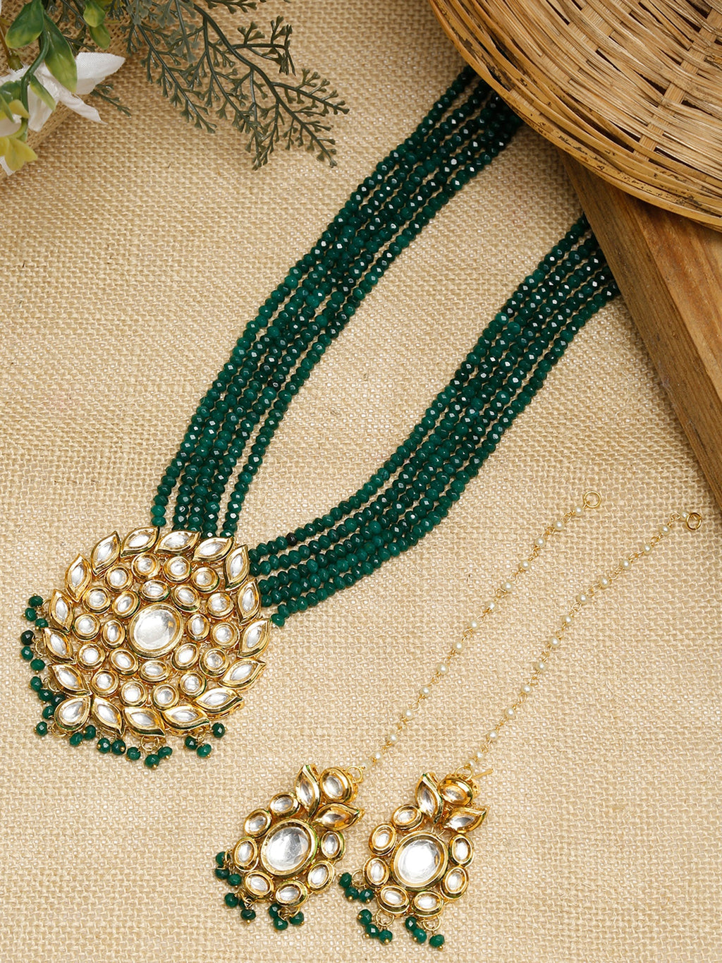 Long Kundan Neckpiece With Earrings - Ruby Raang | Grocsy