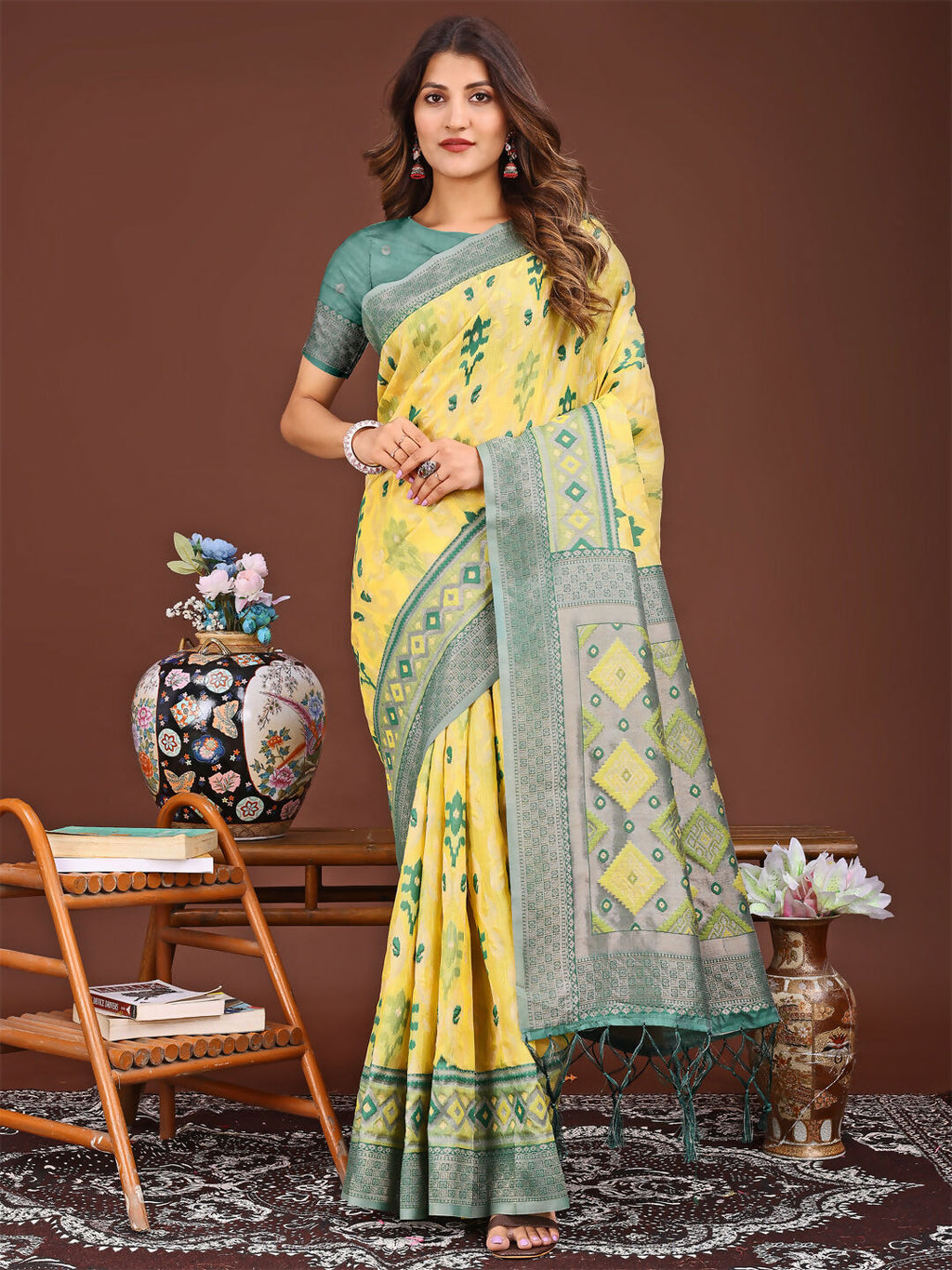 Shree Shyam Fashion Linen Cotton Yellow Saree | Grocsy