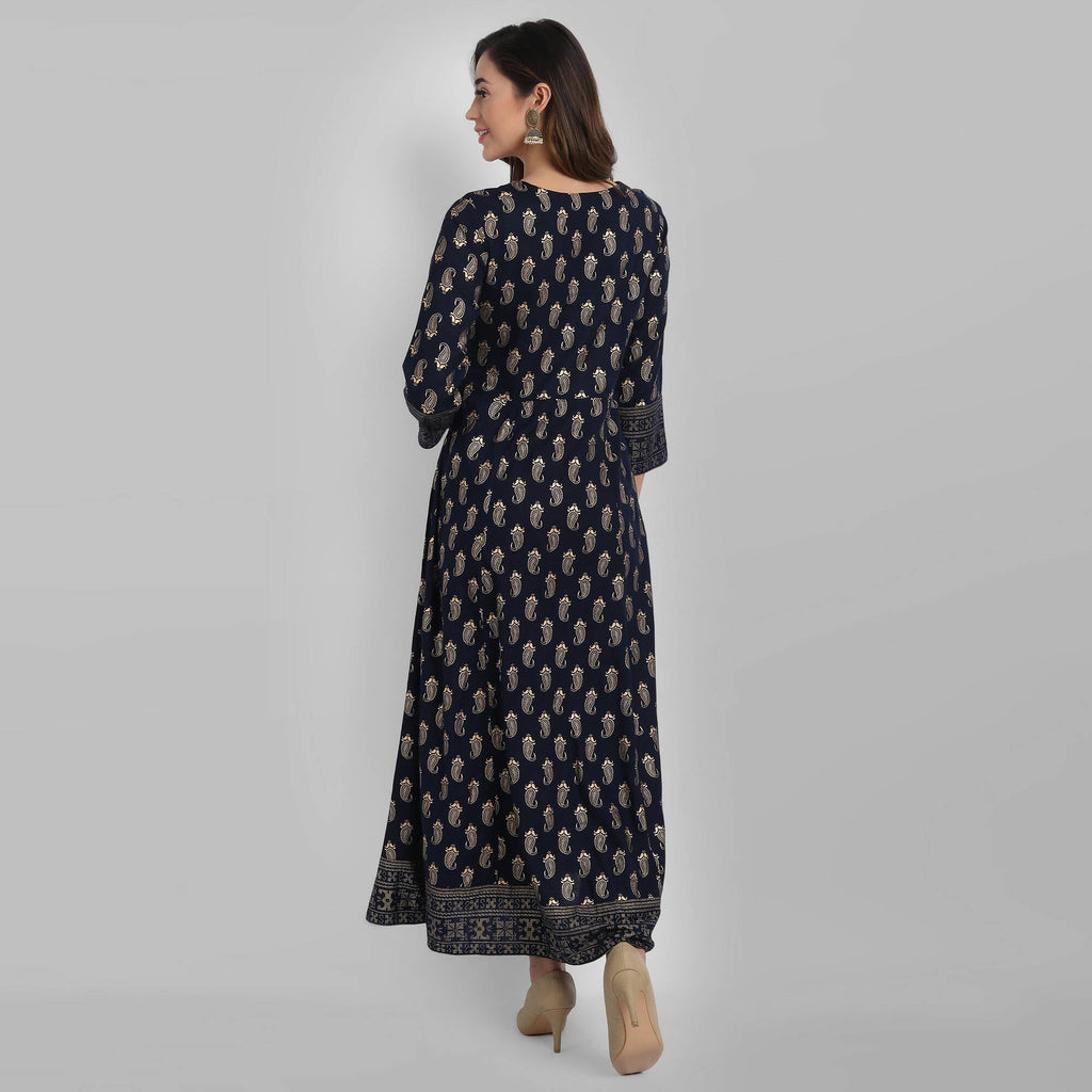 Juniper Women's Navy Rayon Printed Flared Dress | Grocsy