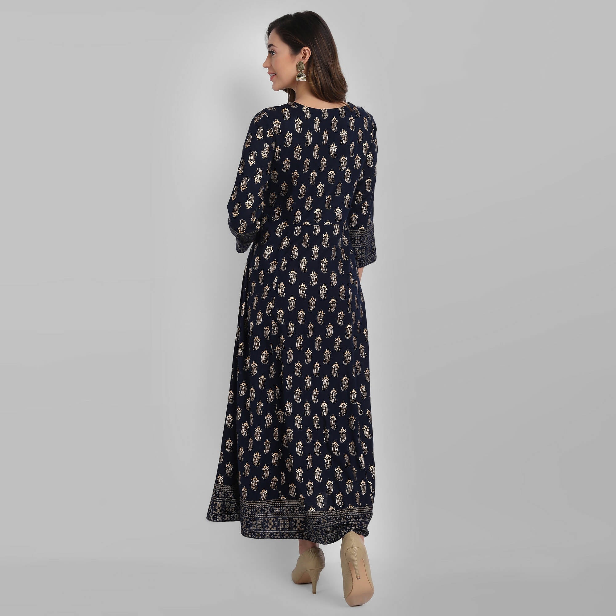 Juniper Women's Navy Rayon Printed Flared Dress | Grocsy