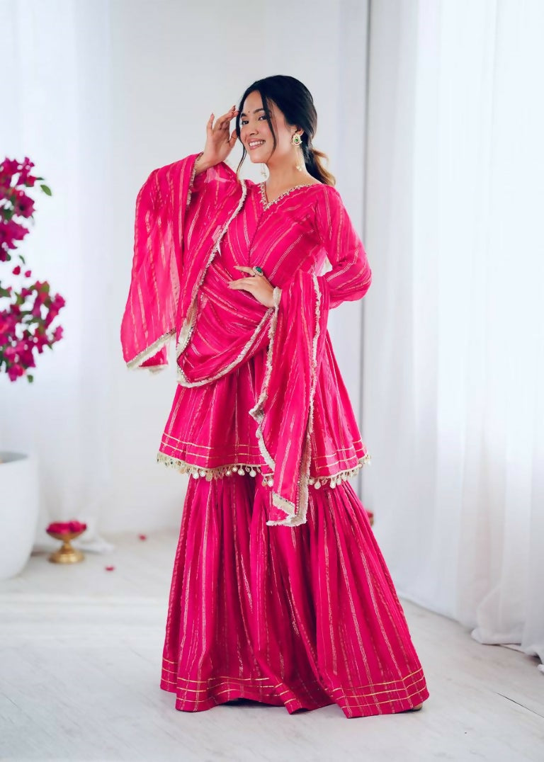Teeya Creation Pink Color Mal Chanderi Silk Mirror Work And Hand Work Sharara set | Grocsy