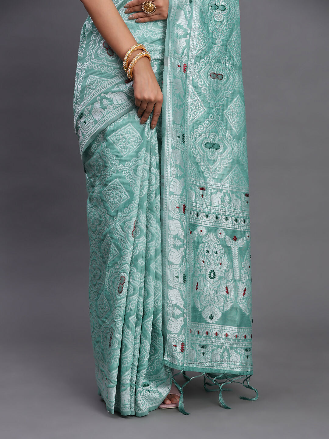 Shree Shyam Fashion Linen Cotton Sea Green Saree | Grocsy