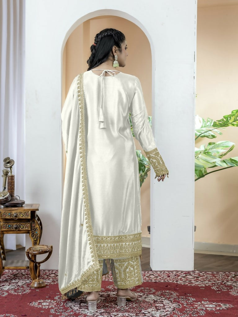 Teeya Creation White Color Chinnon Silk Embroidery Work Fully Stitched Salwar Suit | Grocsy