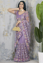 Vastranavya Soft Crush Georgette With Embroidery and Foil Multi Thread Work Saree - Lavender | Grocsy