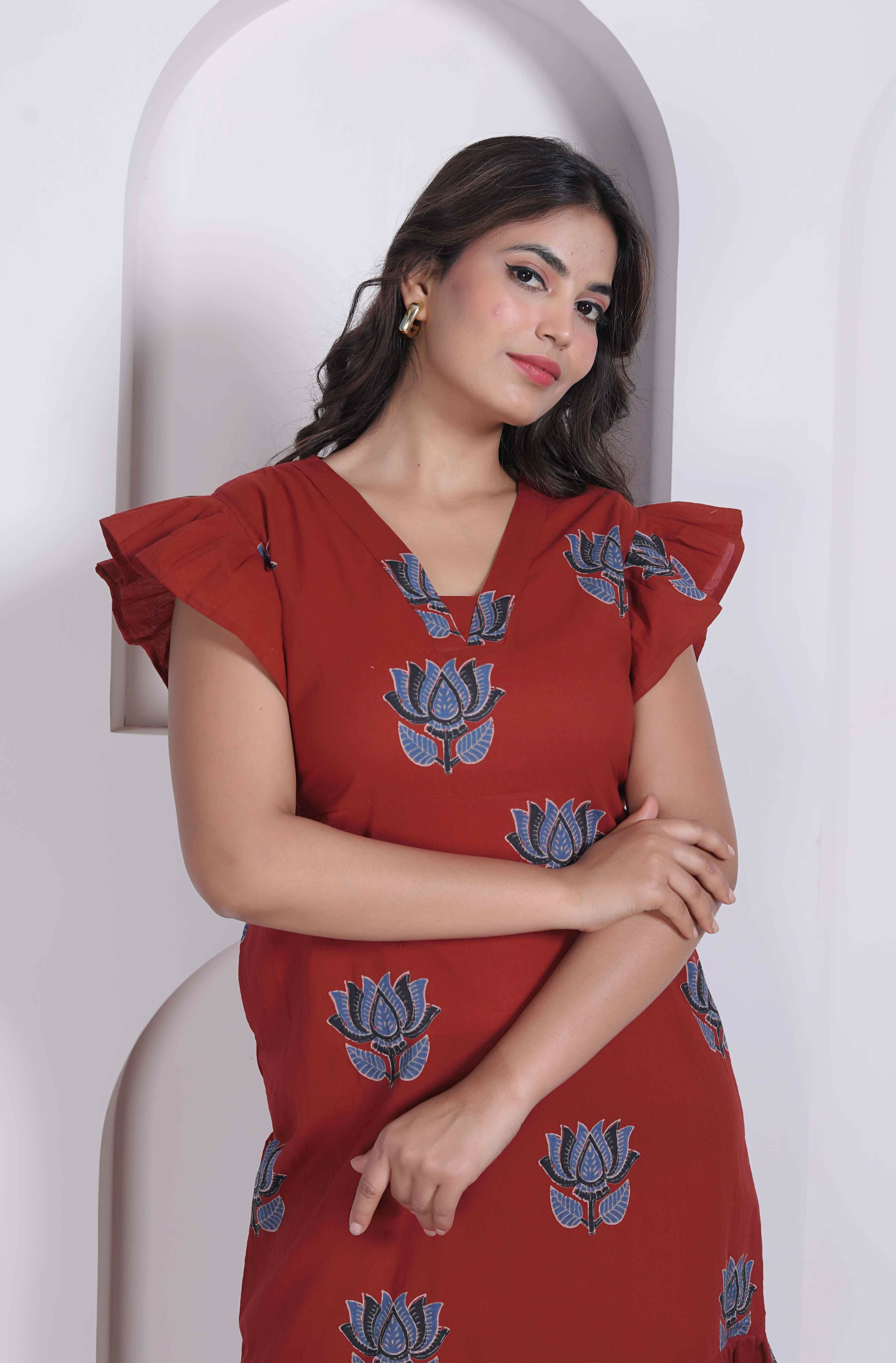 Miravan Women Empire Waist Rust Mini Length Dress | Grocsy
