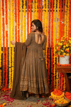 Jyoti Fashion Women's Brown Faux Georgette Zari Embroidery with Sequence Anarkali Dress with Dupatta | Grocsy