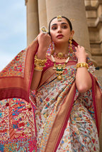 Salmon Pink & White Superior V.P.Silk Woven Printed Patola Silk Saree - Rewaa Milano | Grocsy