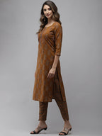 Yufta Women Mustard Brown Sequinned Pure Cotton Kurta with Trouser | Grocsy