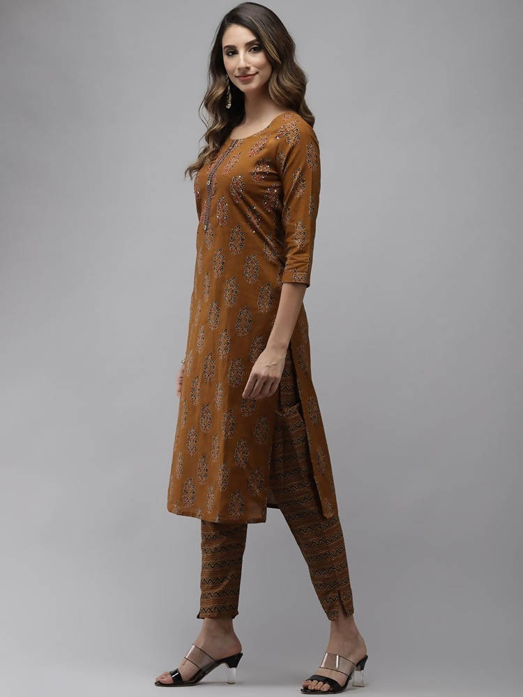 Yufta Women Mustard Brown Sequinned Pure Cotton Kurta with Trouser | Grocsy