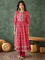 The52 Women's Beautiful Printed Work Rayon Fabric Flared Kurta Pant and Dupatta Set-Red | Grocsy