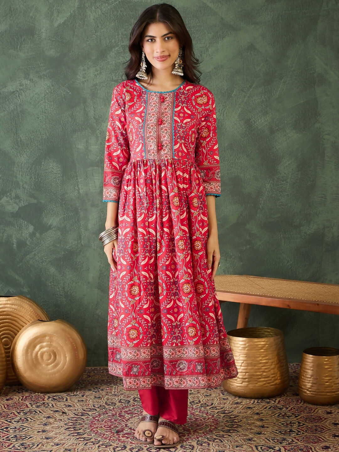 The52 Women's Beautiful Printed Work Rayon Fabric Flared Kurta Pant and Dupatta Set-Red | Grocsy