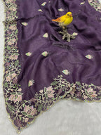 Vastranavya Gold Crunchy Multi Colour Threads Embroidery Work with Sequins Work Saree with Blouse material - Purple | Grocsy