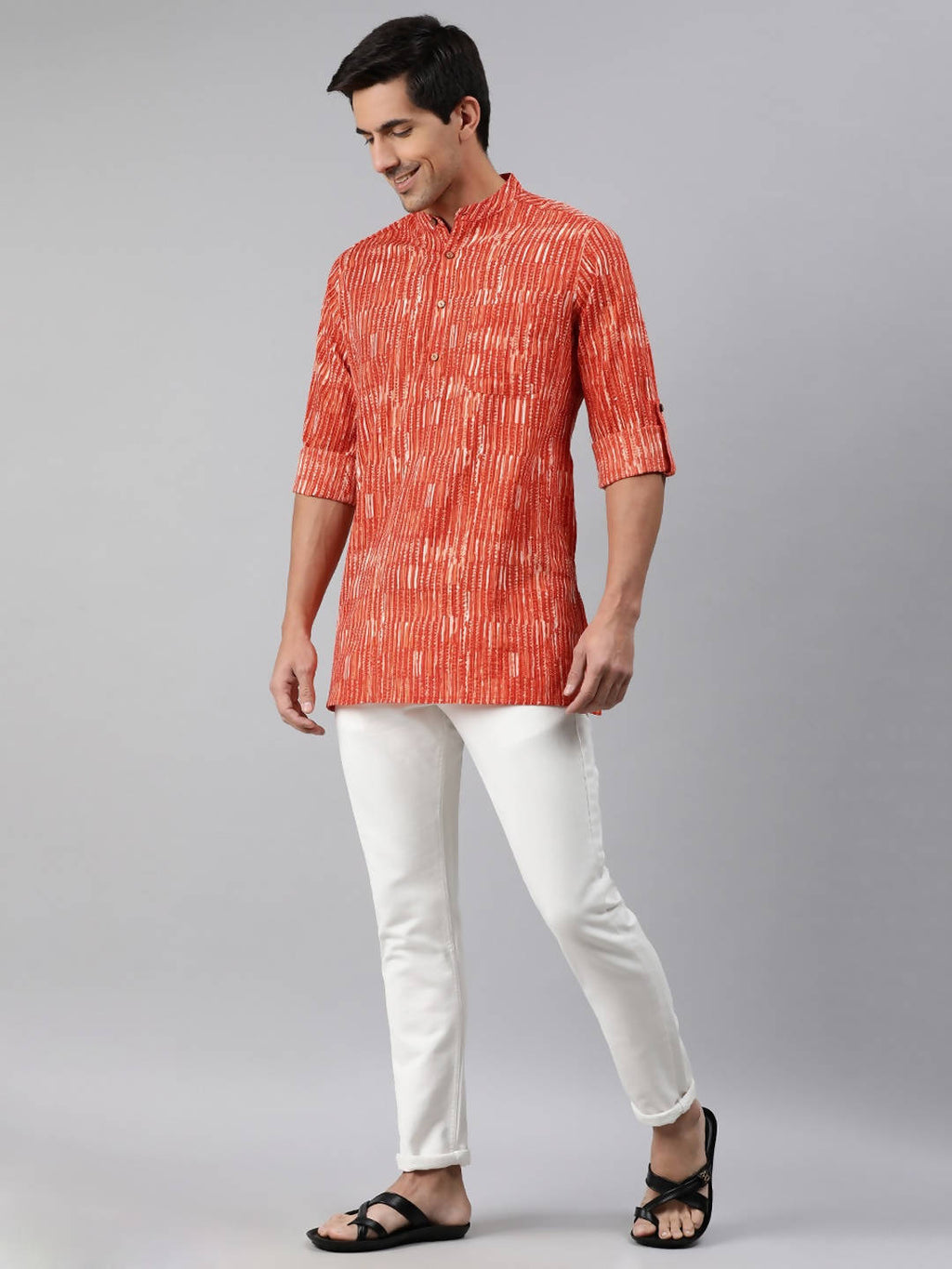 Janasya Men Orange & White Striped Kurta | Grocsy