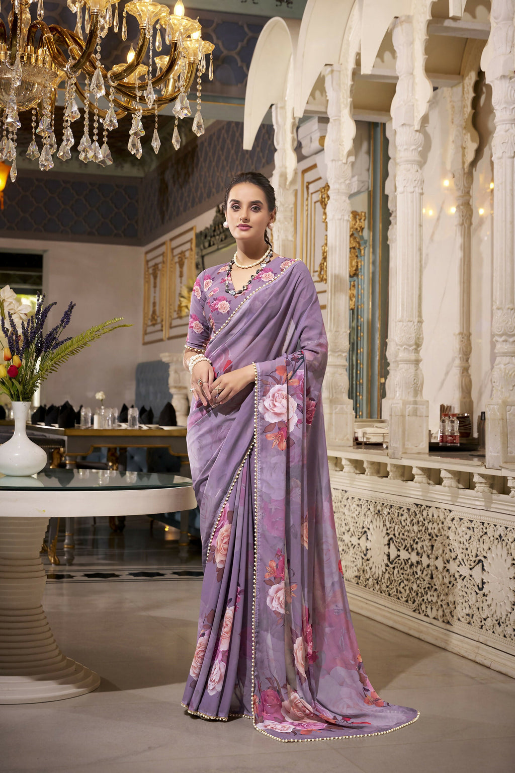 Vastranavya Grey Spectacular Georgette Printed with Pearl Lace Saree with Unstitched Blouse | Grocsy