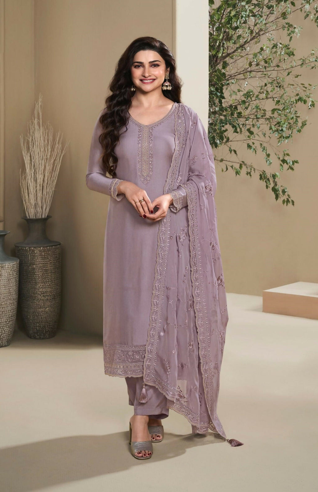 Anaita Purple Heavy Natural Crepe Stitched Suit with Embroidery & Zarkhan Work | Grocsy