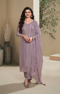 Anaita Purple Heavy Natural Crepe Stitched Suit with Embroidery & Zarkhan Work | Grocsy