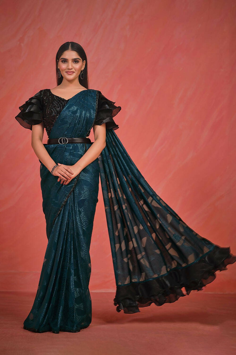 Teal Pattern Georgette Handwork & Lace with kardana work Saree With Stitched Blouse - Mohmanthan Elegancia | Grocsy