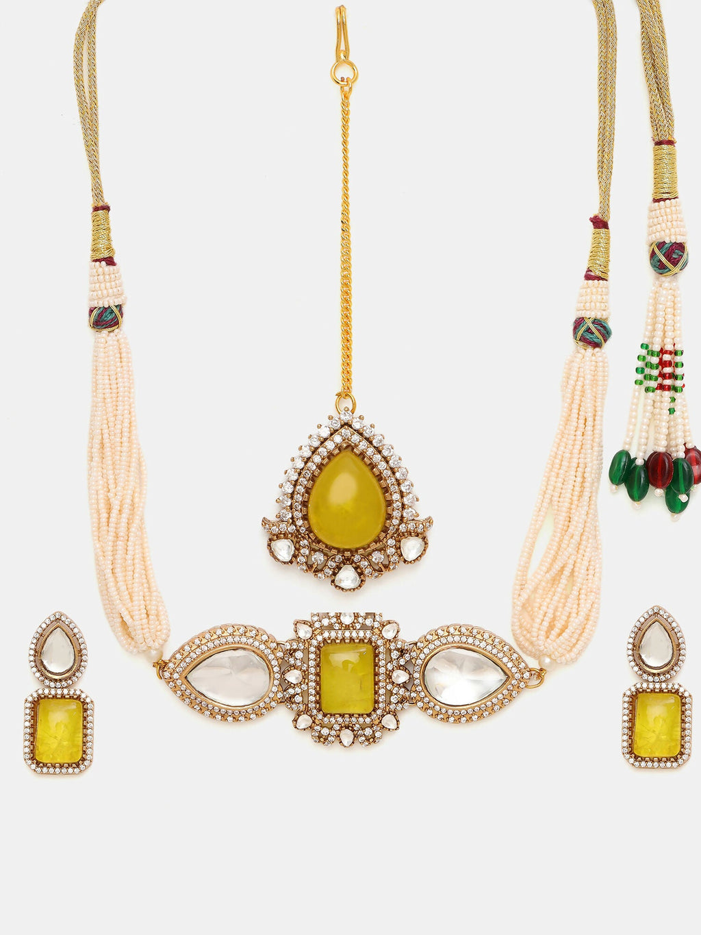 Ruby Raang 22k Gold Polished Green Stone And Moissanite Necklace With Matching Earrings And Maang Tikka | Grocsy