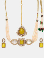 Ruby Raang 22k Gold Polished Green Stone And Moissanite Necklace With Matching Earrings And Maang Tikka | Grocsy