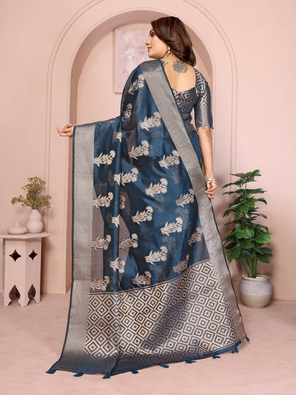 Aastha Fashion Teal Soft Organza Silk Weaving Saree | Grocsy