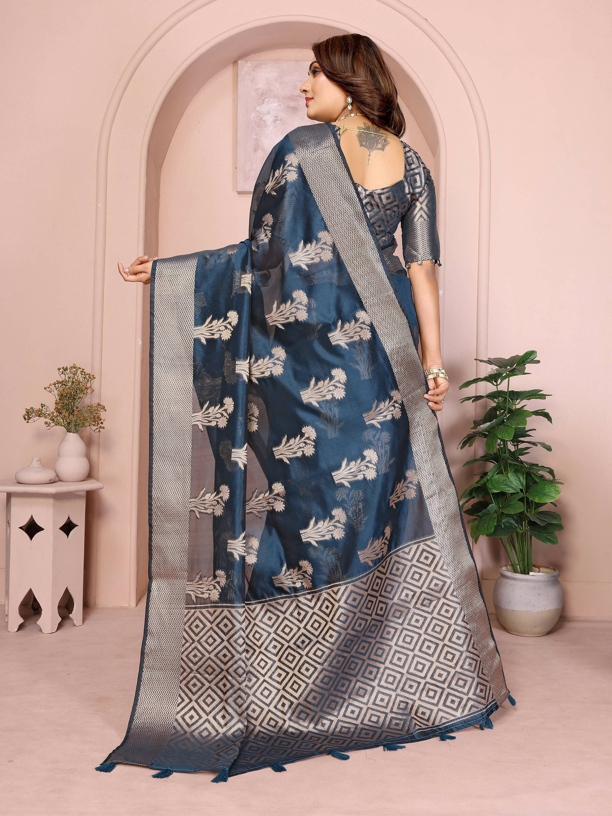 Aastha Fashion Teal Soft Organza Silk Weaving Saree | Grocsy