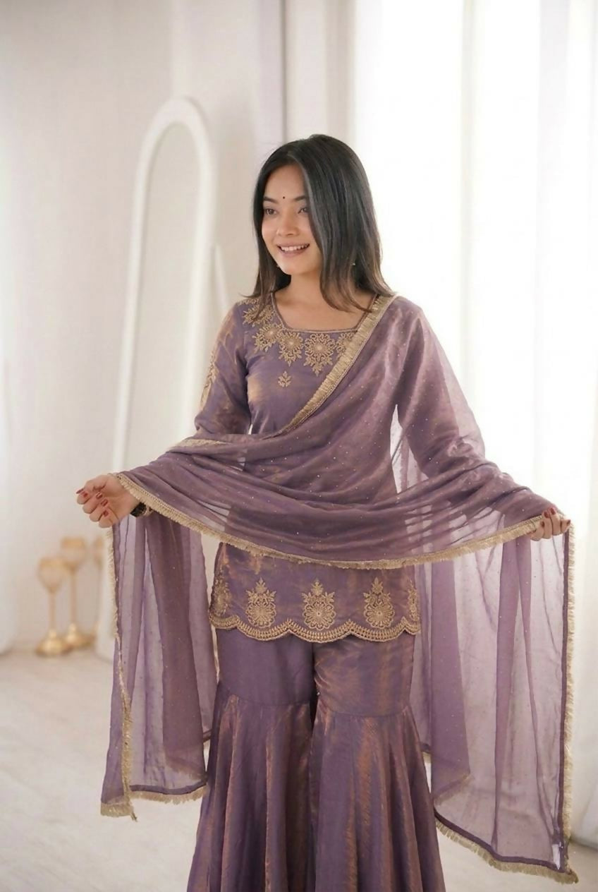 Teeya Creation Womens New Fancy Embroidery Sequence Work With Zarkan Diamond Work Lavender Kurta Set | Grocsy