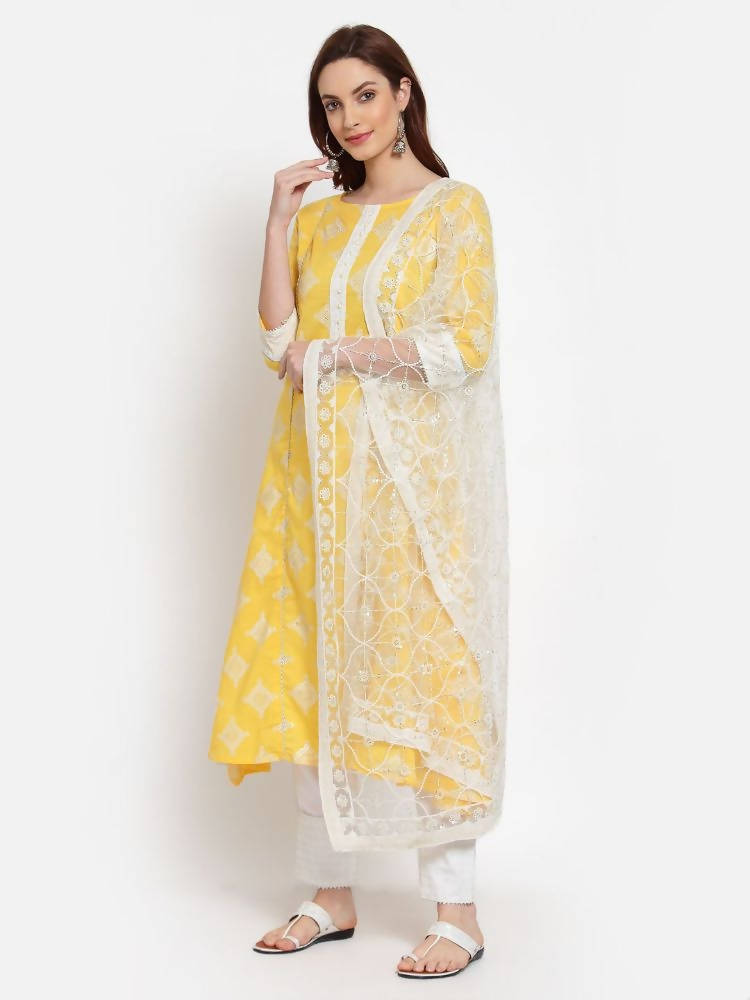 Myshka Women's Yellow Printed Cotton 3/4 Sleeve Round Neck Casual Kurta Pant Dupatta Set | Grocsy