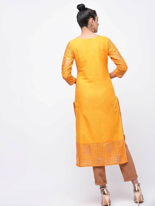 Aniyah Cotton Block Printed Yellow Straight Kurta (AN-137K) | Grocsy