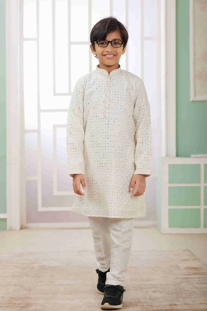 Raivat Ethnic Art Silk Embroidery Work Kids Kurta Pajama In Cream Colour | Grocsy