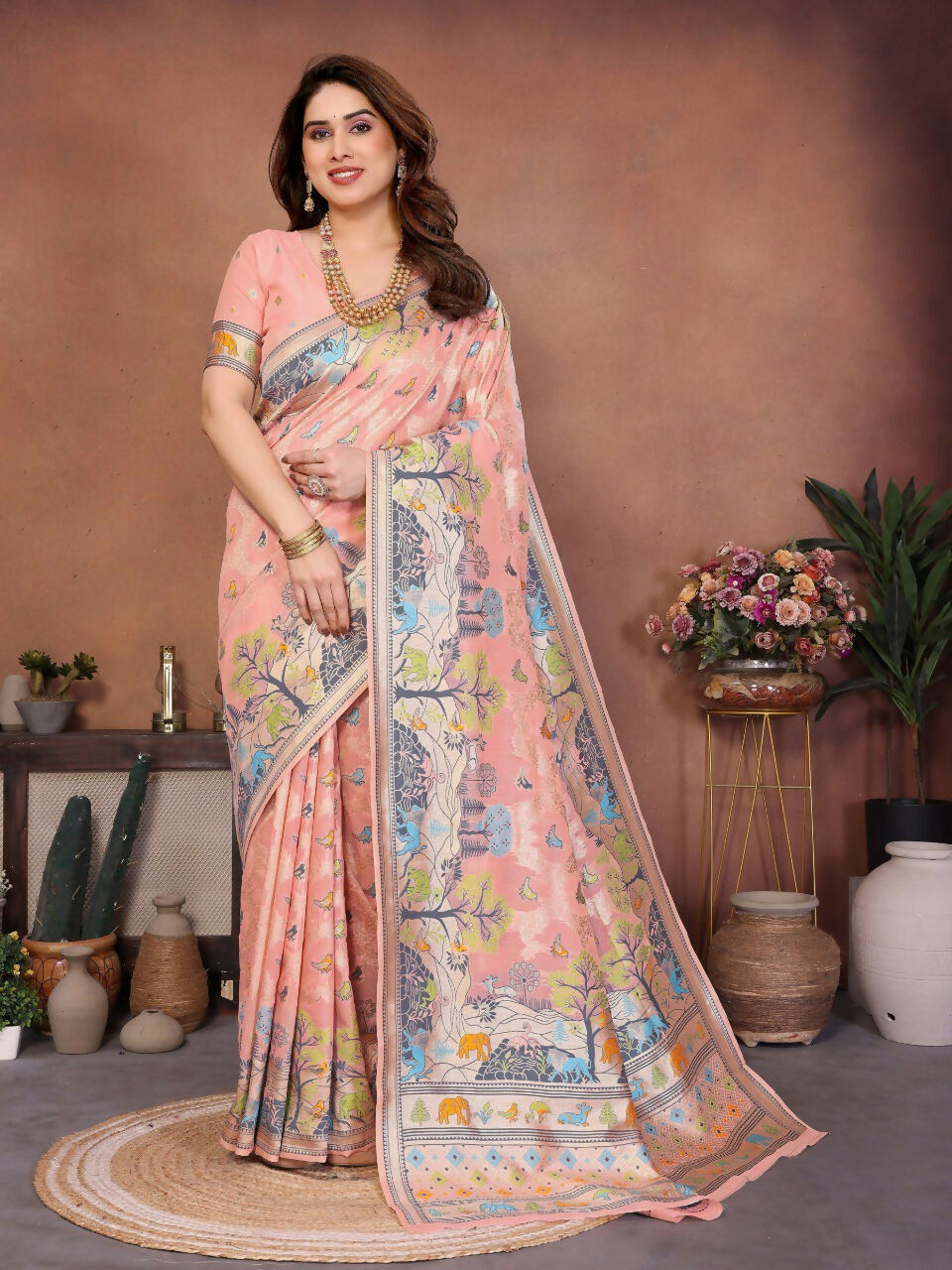 Teeya Creation New Latest Trendy Wedding Wear Pashmina Silk Saree-Peach | Grocsy