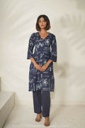 Miravan Women's Abstract Printed Cotton Blue Co-Ord Set | Grocsy