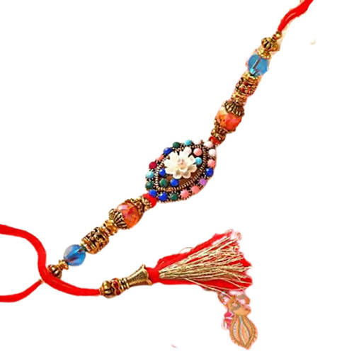 Floral Blue Beads Rakhi & Coffee Biscotti Hamper Combo | Grocsy