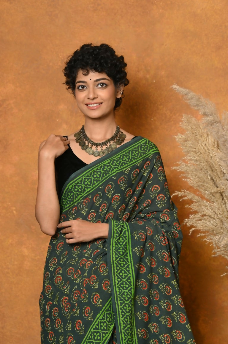 Very Much Indian Handblock Printed Cotton Saree With Natural Dyes - Green | Grocsy